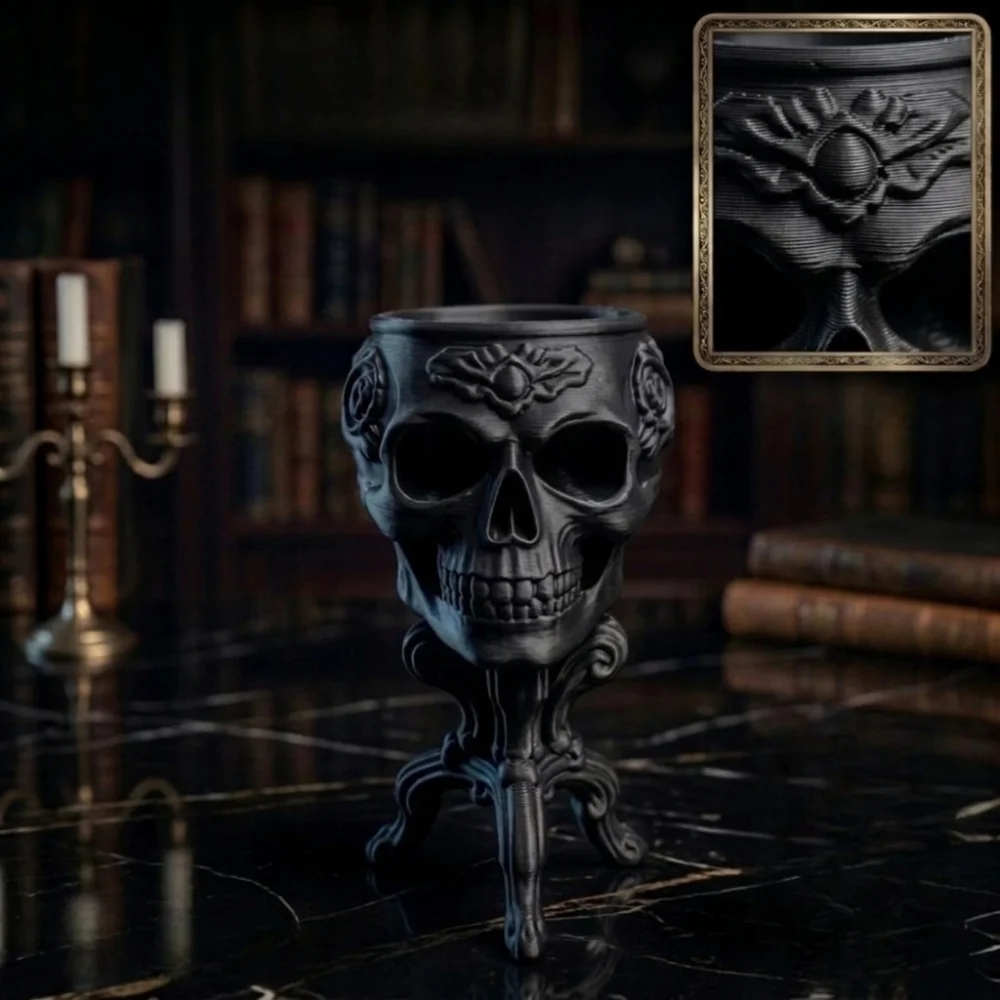 3D Printed Halloween Goblet Skull Planter Gothic Vintage Carved Skull-Shaped Table Vase Spooky Dark Integrated
