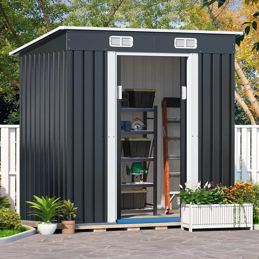 

6 x 4 Metal Sheds & Outdoor Tool Storage Garden Shed with Sliding Doors for Backyard, Patio, Waterproof Design,Lawn Gray