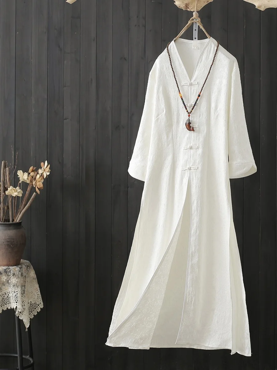 Chic Summer Cotton Linen Tea Dr Set Women's Two-Piece Suit Zen Meditation White Vintage Sle Button up A-Line Skirt