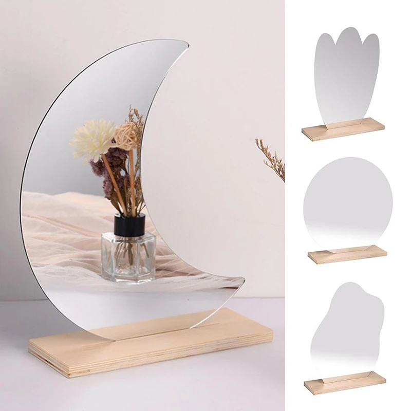 1PCS Acrylic Irregular Vanity Mirror Wooden Base Reflection Board Shooting Photography Props Decor Cosmetic Supplies Makeup Tool