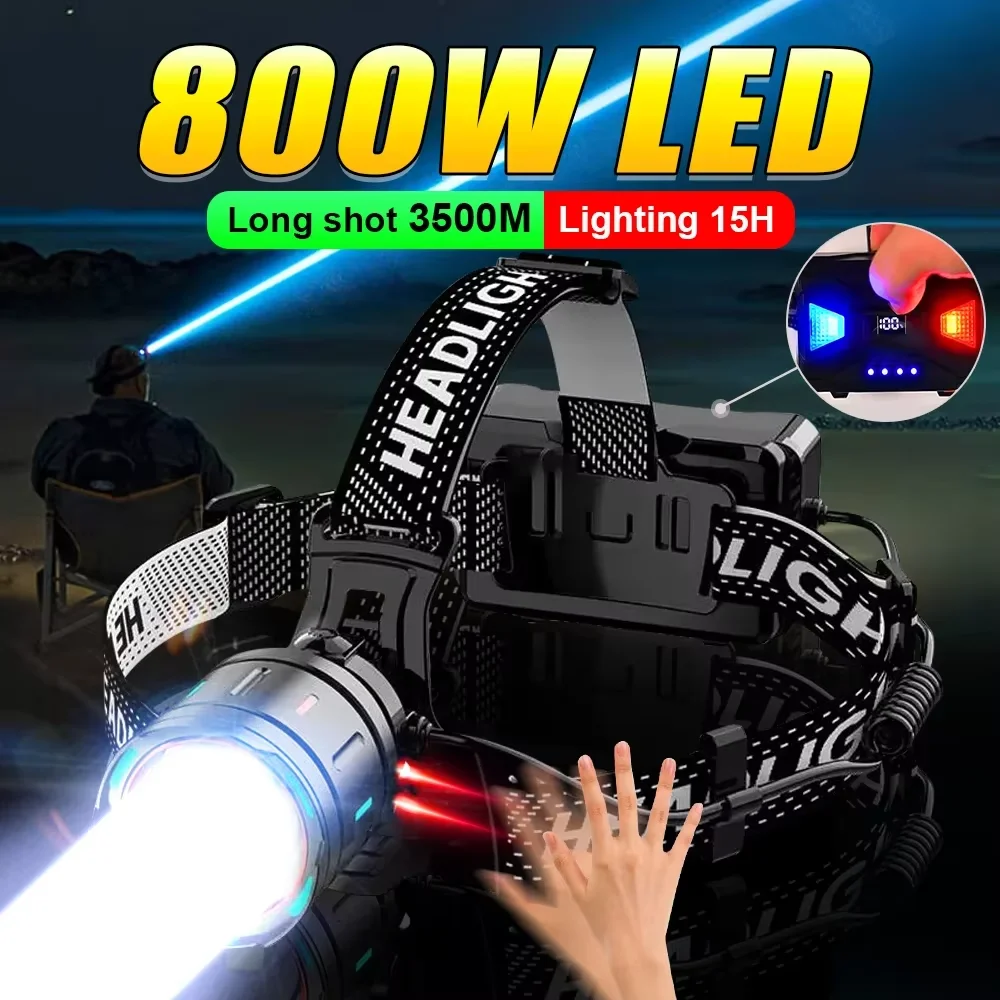 

2025 New High Power 800W LED Headlight 500000000LM Super Bright Zoom Waterproof Headlamp Outdoor Camping Work Hunting Lantern