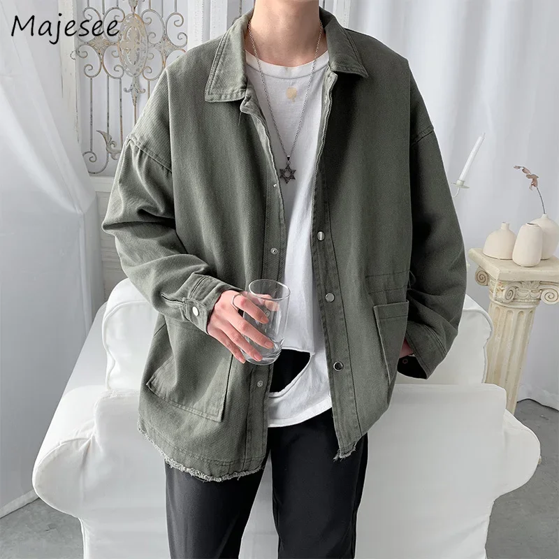 

Men Jackets Vintage Korean Style Loose All-match Cargo Coats Hand Frayed Button-up Pockets Ins Turn-down Collar Harajuku Student