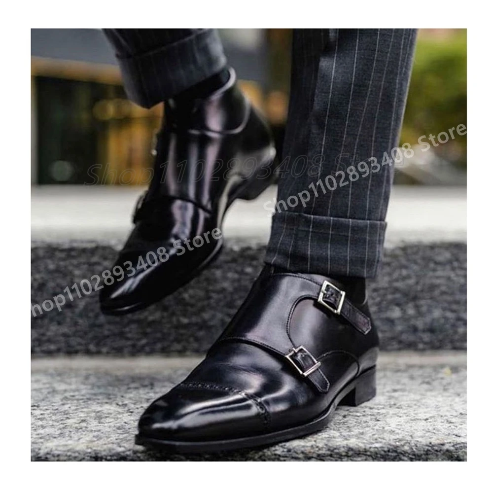 Black Buckle Belts Decor Men Dress Shoes Business Flat with Shallow Leather Gentleman Party Casual 2024 Autumn Zapatillas Mujer