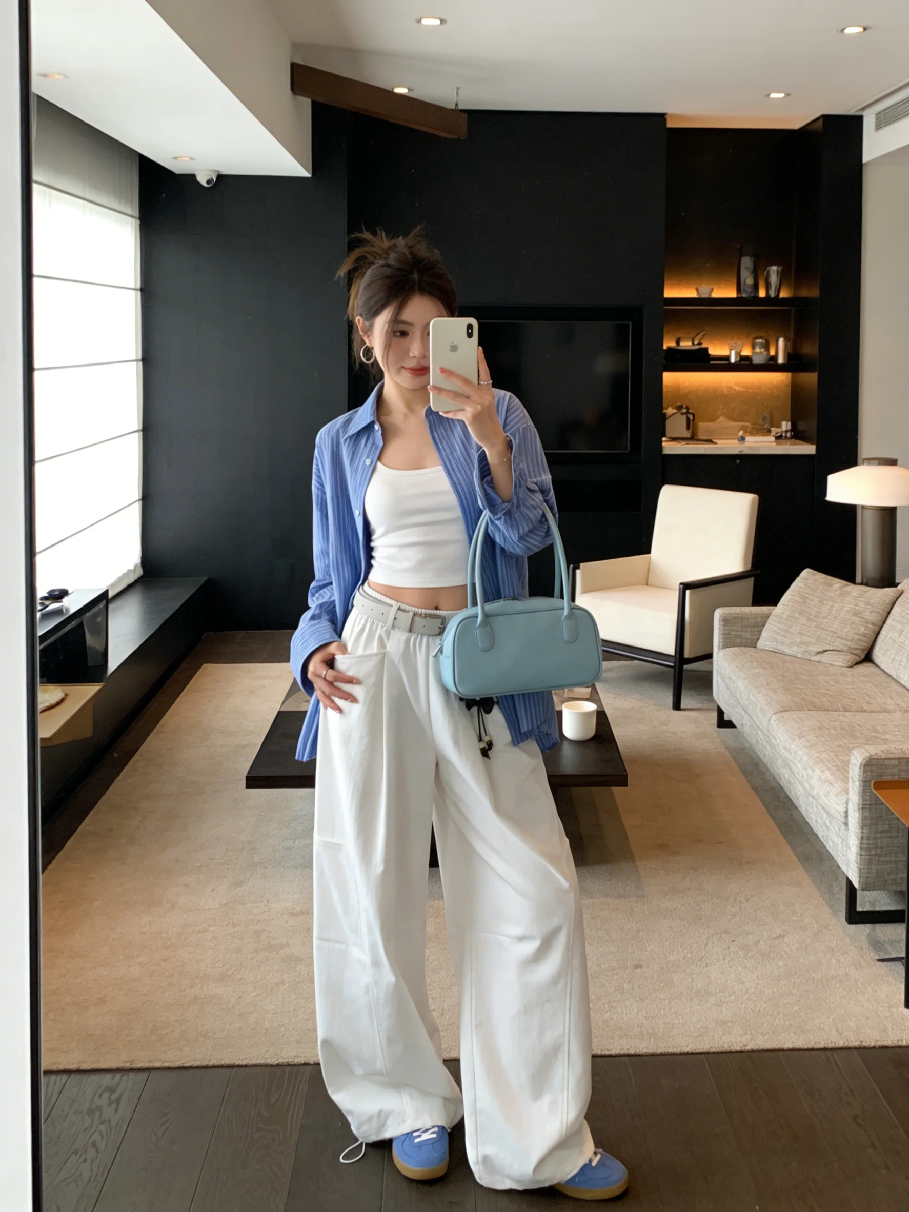 

Casual High Waist Elastic Waist Wide Leg Work Pants Dstring Trousers Loose Slimming Commute Early Spring White Color