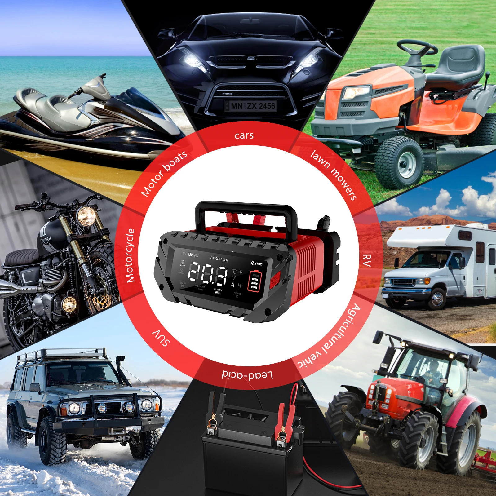 HTRC 30A/26A 6V/12V/24V nabíječka autobaterií pro motocykly s olověnými, SLA gelovými lithiovými LiFePo4 bateriemi, přenosná inteligentní nabíječka - náhled 5