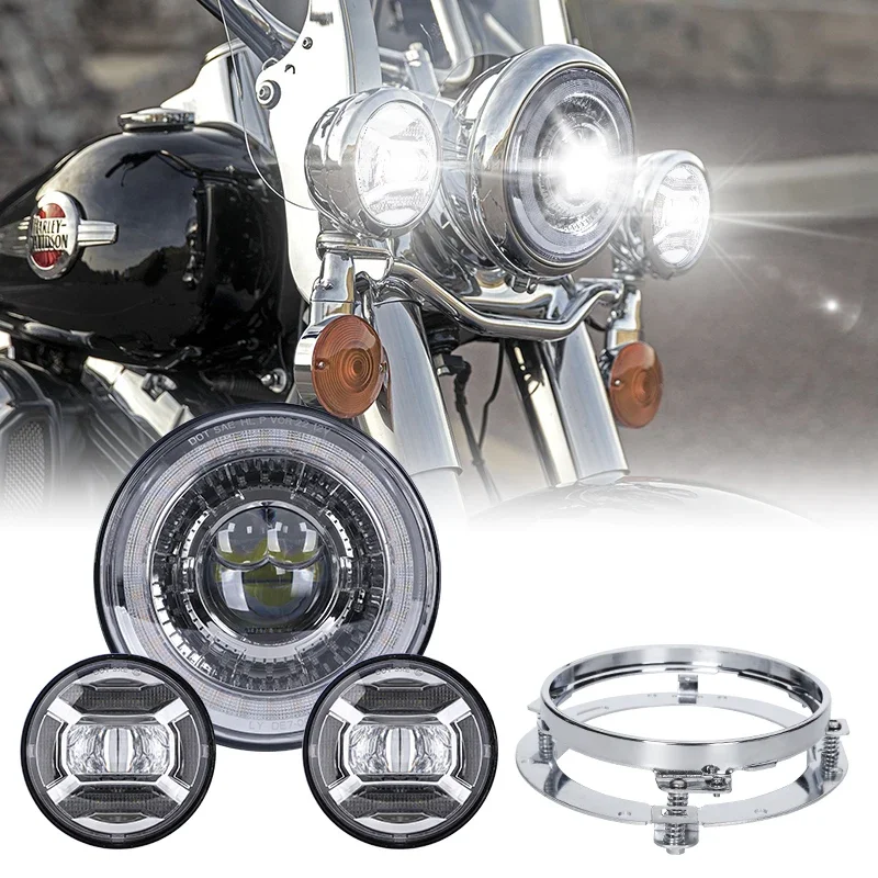 Loyo Dragon Eye Design 7-Inch Round Headlight for Harley 4-1/2 LED Passing Lamps 4.5 Fog Light Mounting Bracket Ring 24V DRL