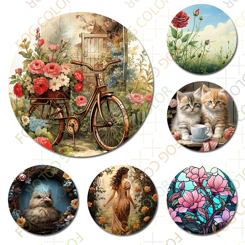 1pc 8x8inch(20x20cm) Round Aluminum Sign Metal Sign Garden Flag Bicycle And Flowers Hello Spring For Home Garden