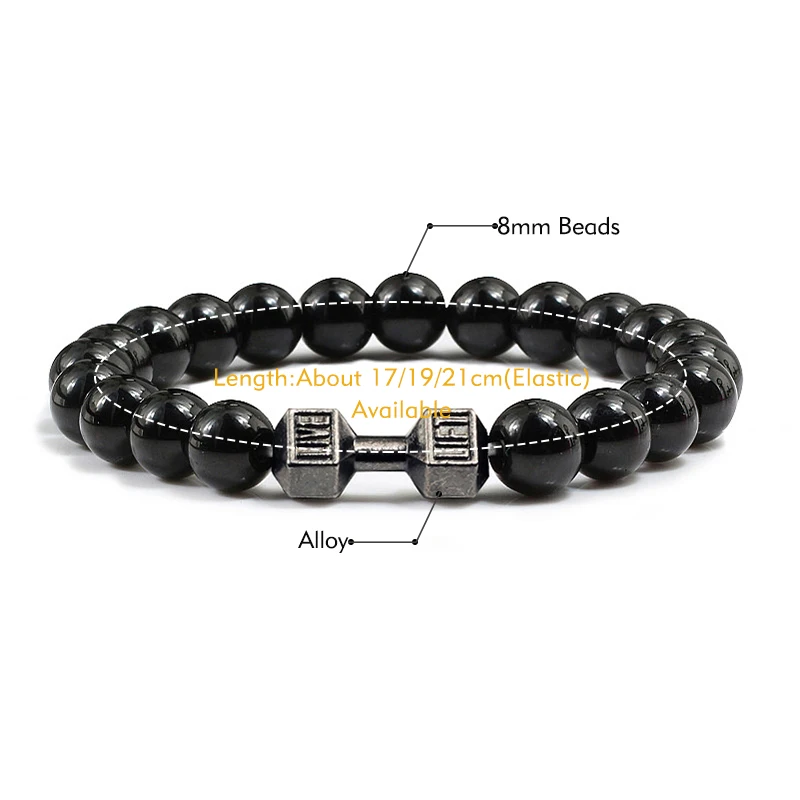 Hot Natural Stone Dumbbell Beaded Bracelet Black Lava Onyx Beads Fitness Fit Life Prayer Bracelets Bangles Barbell Men Jewelry