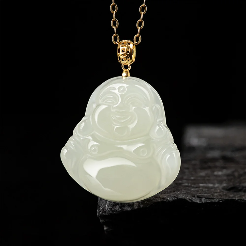 

18K Gold Natural White HeTian Jade Carved Classic Buddha Lucky Pendant Amulet Chain Necklace Certificate Luxury Jade Jewelry