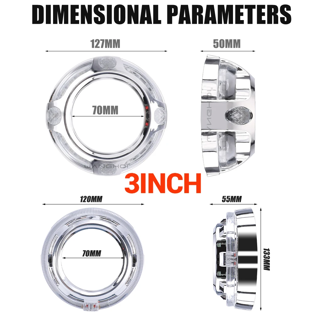 2 قطعة 3 بوصة غطاء للعدسات مع RGB عيون الملاك التعميم Led المصابيح الأمامية حلقات هالة عدسة أقنعة ل ثنائية زينون العارض التحديثية #5