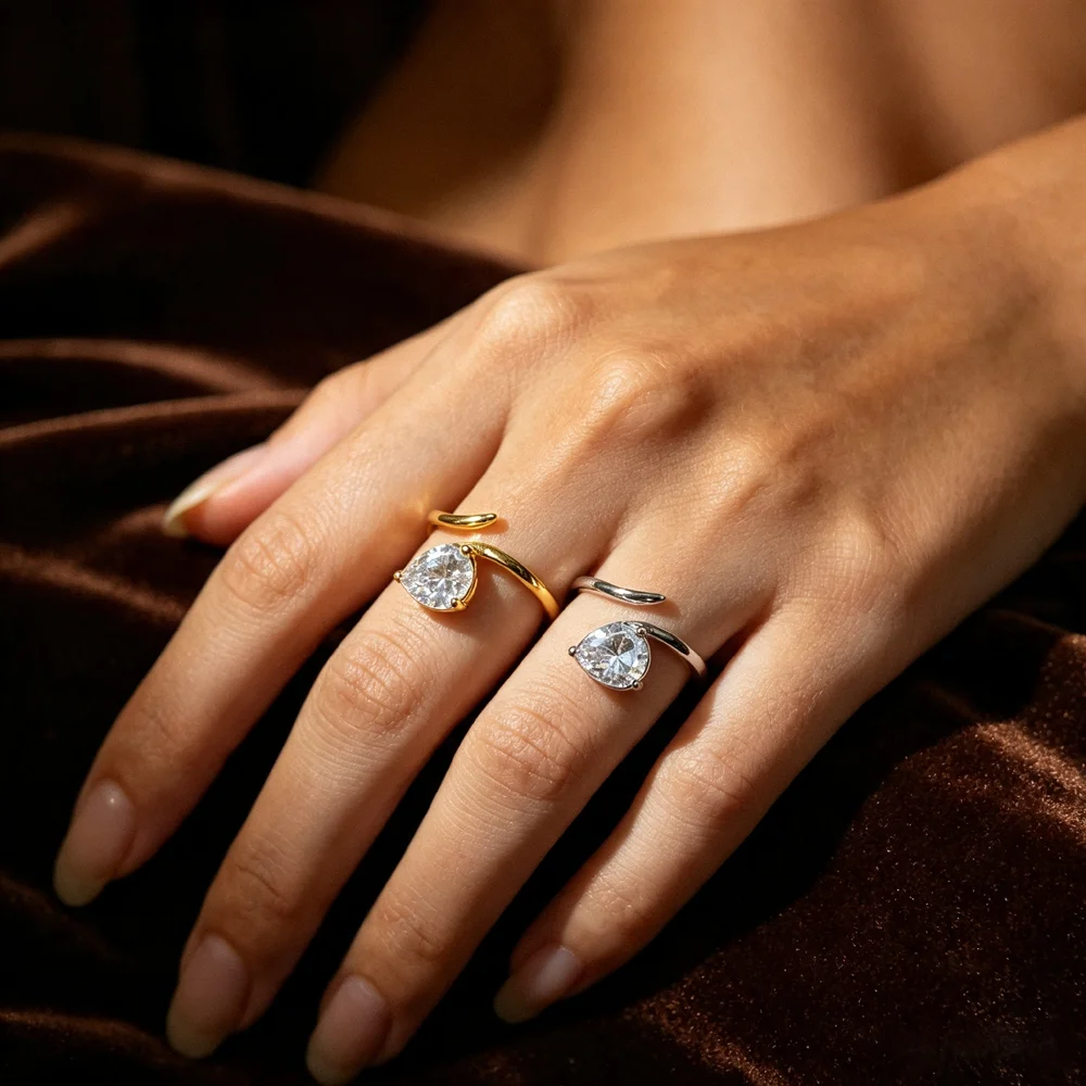 Geometric Water Drop Finger Cocktail Rings for Women Bling Cubic Zirconia Open Size Adjust Fashion Jewelry Party Gift