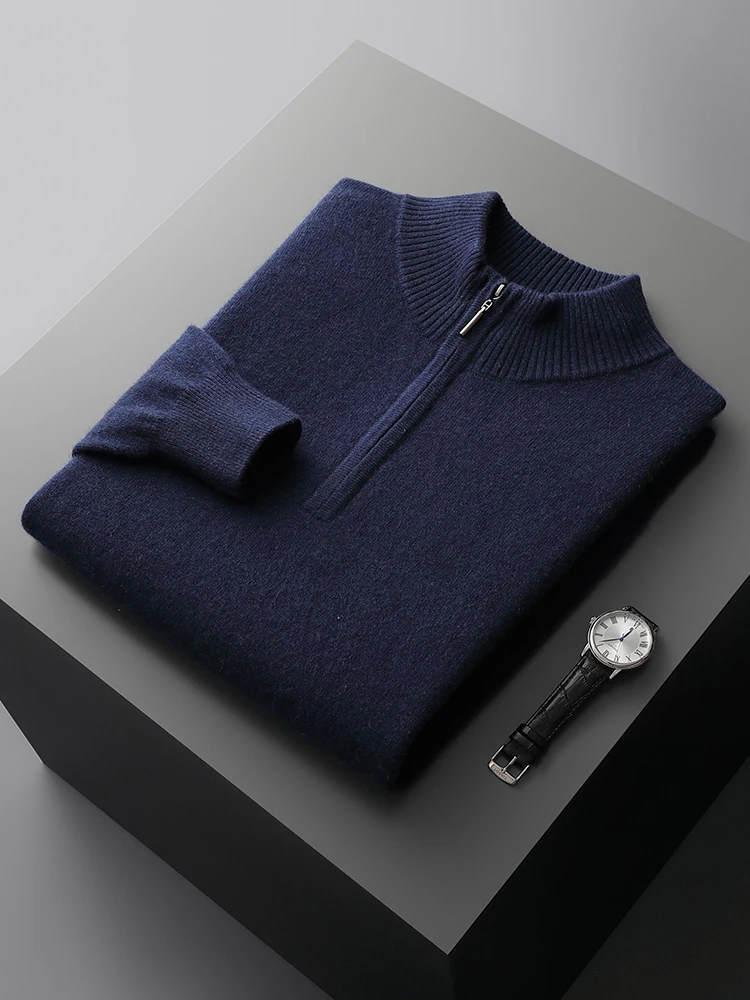 Men's Mock Neck Half Zippers Sweater Pullovers Autumn Winter 100% Merino Wool Knitwear Casual Long Sleeve Cashmere Clothing Tops