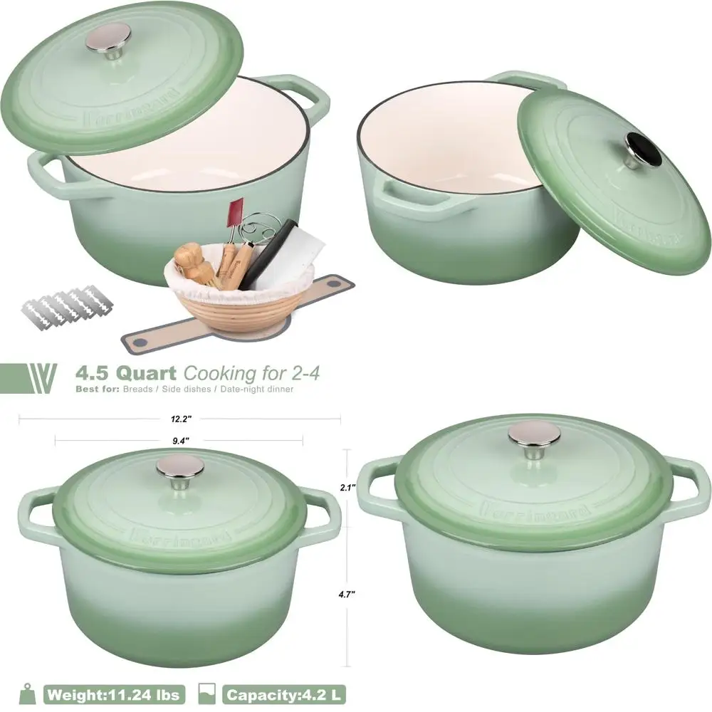 

Эмалированная чугунная голландская духовка с крышкой, для выпечки хлеба, круглая печь для хлеба - включает набор принадлежностей для выпечки хлеба на закваске, 4,5