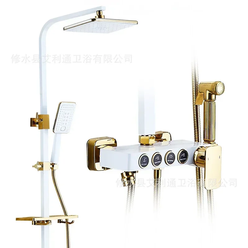 

Gold thermostatic bathroom shower system Bathroom rainfall shower set with spray gun Solid brass gold bathtub shower set