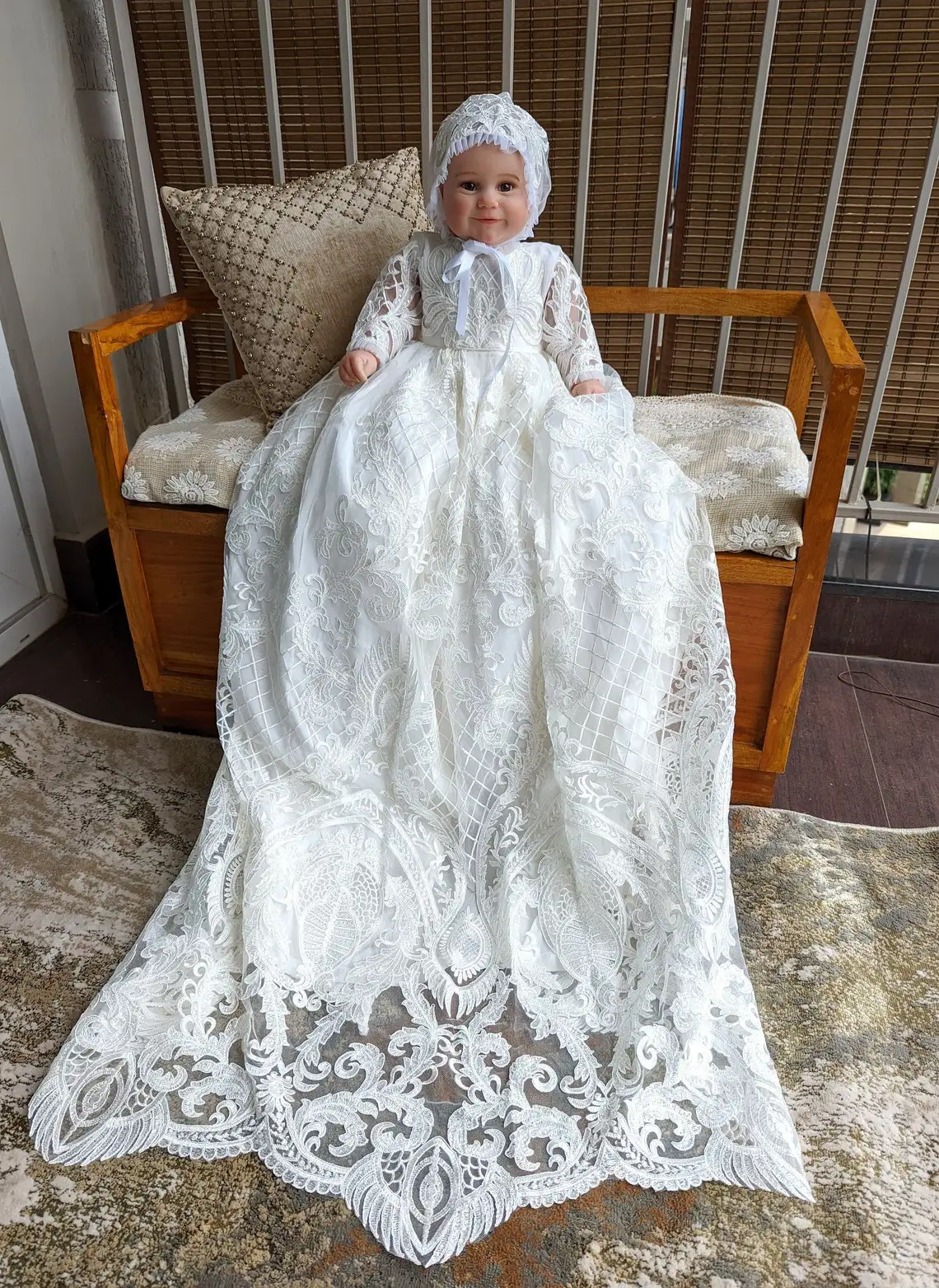 Vestido de batismo de renda elegante para o bebê manga longa primeiro comunhão vestido infantil da criança vestidos de batismo