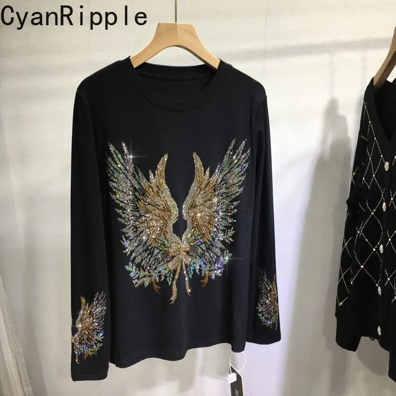 2026 New Autumn Winter Black Long Sleeve T-shirt Luxury Wings Hot Diamonds Round Neck Pullover Top All-match Casual Basic Tees