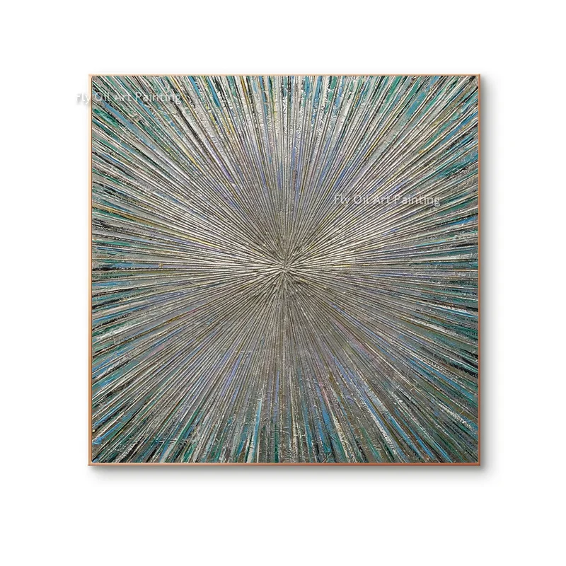 Blauw en zilver abstract Ray dik olieverfschilderij handgeschilderd groot ontwerp Golden Ray canvas artwork decor voor kamer als geschenk - afbeelding 2