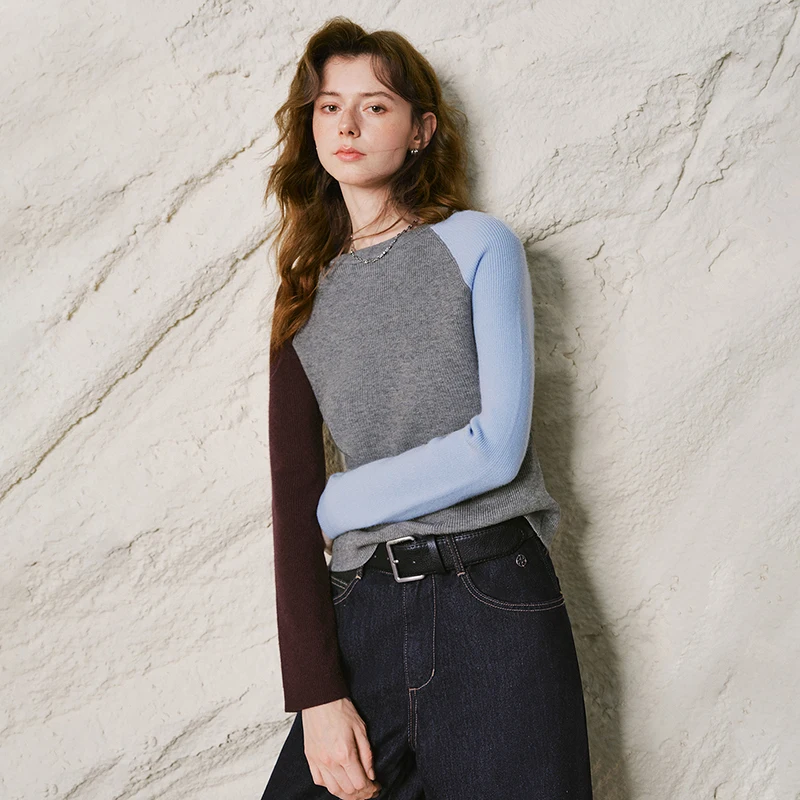 TOYOUTH Women Knit Sweater 2026 Winter New Asymmetric Color Block Long Sleeve Slim Fit Base Tops