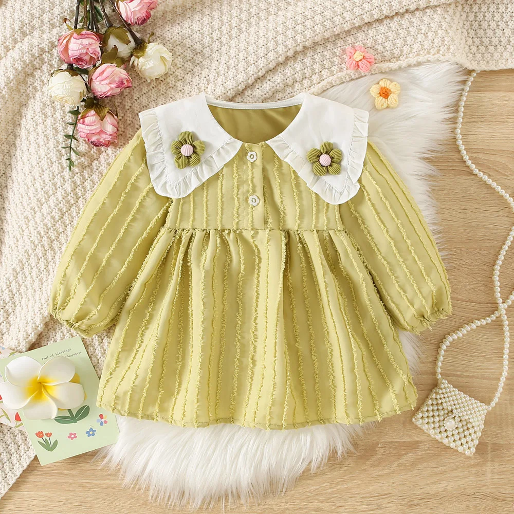 Fall New Girls\' Dress Small Flying Sleeve Lace Pleated Flower Decoration Strip Won-Puffed Sleeve Sweet Princess Dress Round Neck