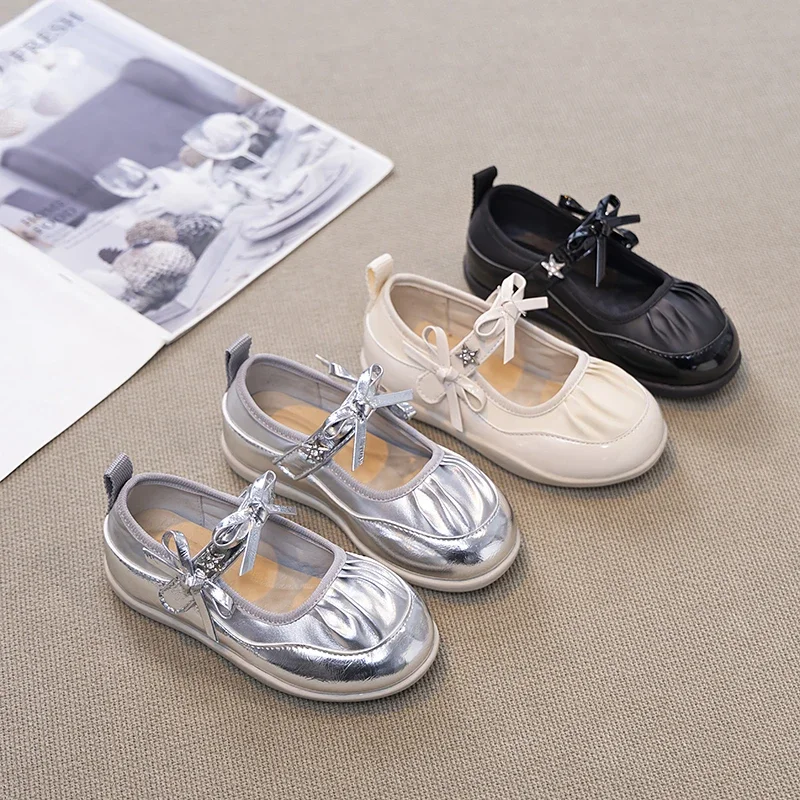 New Children's Leather Shoes Spring Autumn Girls Causal Ballet Bowknot Shoes Solid Color Fashion Kids Pleated Flats Simple Trend