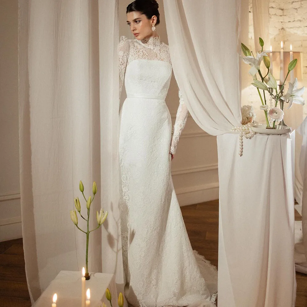 

Luxury Lace Wedding Dress with High Collar Long Sleeves Mermaid SweepTrain Bride Dress for Women Church Bridal Gown Customized