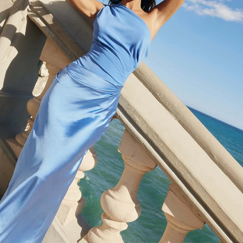 หรูหราซาตินแขนกุดห่อสะโพกชุดผู้หญิงอารมณ์ Slim ชุดเดรสแฟชั่นสี Blocked Slash คอชุดราตรี