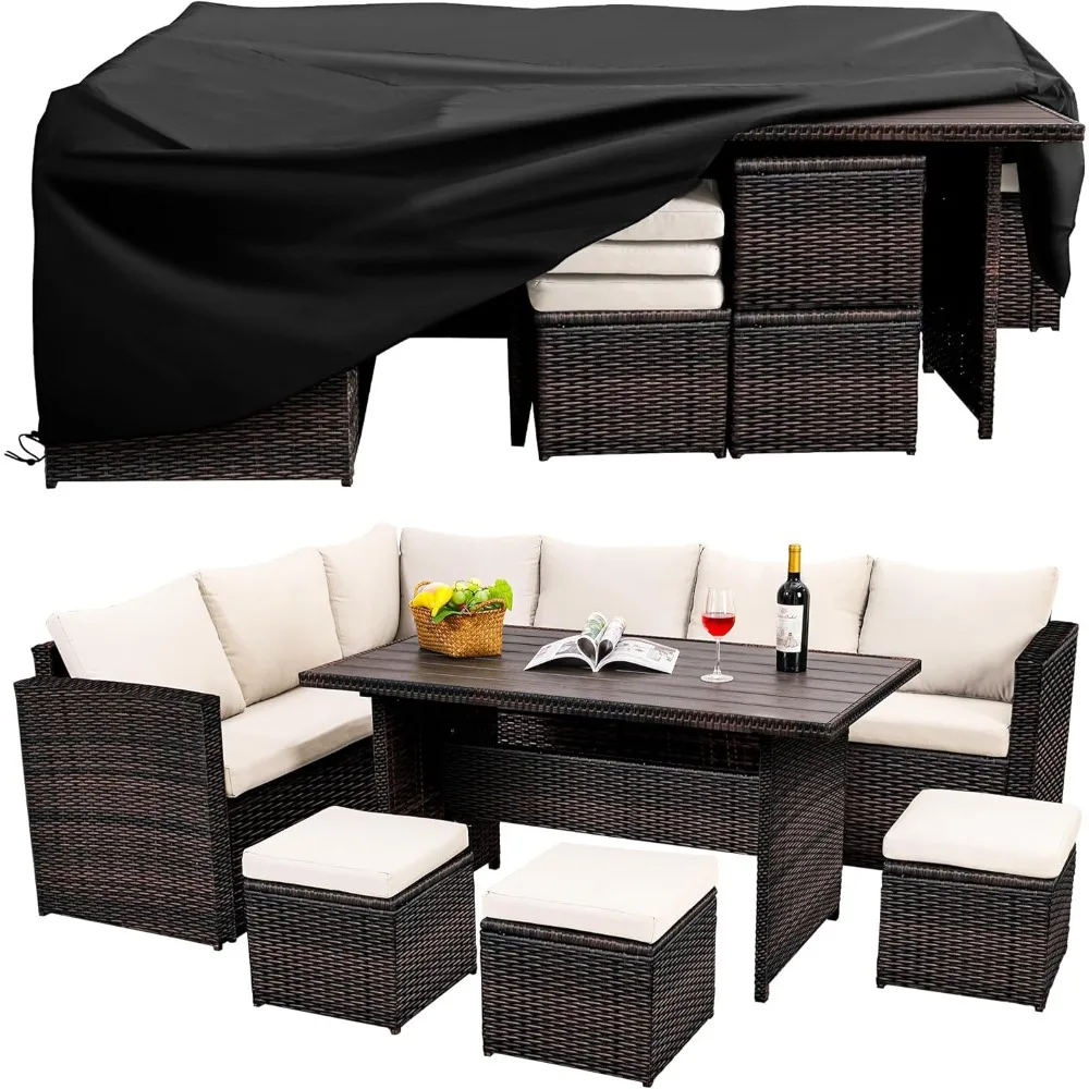 

7-piece outdoor terrace furniture set with dining table and chairs, brown rattan and ivory cushions (including sofa dust cover)
