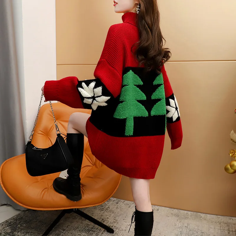 #3831 Green Red Long Sweater Women Cartoon Bear Knitted Pullover Female Loose Split Joint Turtleneck Sweater Thick Warm Winter