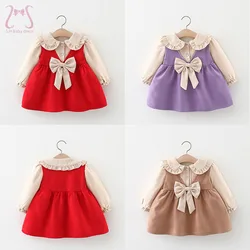 Winter Children Clothes Sweet Bow Dress For Girls Long Sleeve Fleece Keep Warm Kids Wear Trend Toddler Costume 0 To 3 Years