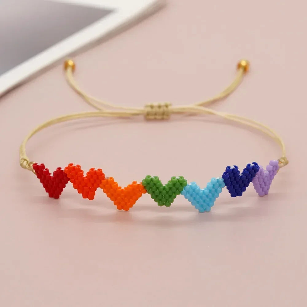 Rice bead bracelet Heart Graph Female Rainbow wavy Bohemia Hand knitting Adjustable Gradient color Versatile Beaded bracelet
