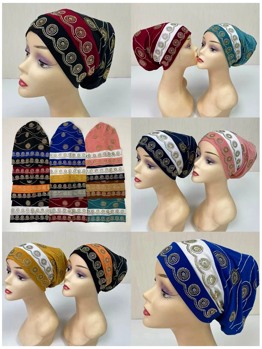 

Wholesale 6/12 Pieces Order Fashion Muslim Female Turban Hat Velvet Hot Rhinestone Solid Indian Beanie Hair Bonnet Cap For Women