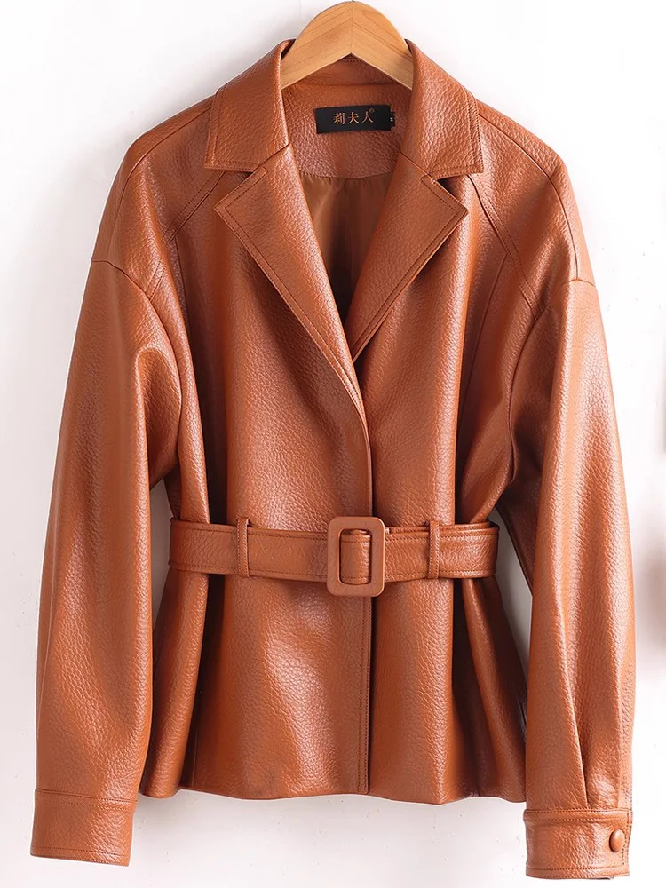 Nuovo Donne Pelle spaccata Blazer con cintura sottile Primavera Autunno Moda Colletto dentellato Sciolto Giacca di pelle Cappotto femminile