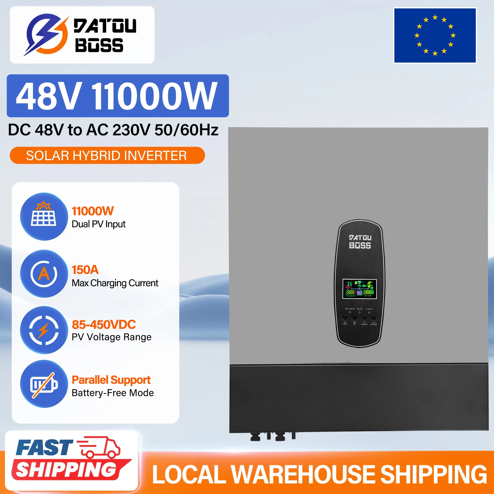 Inversor Solar Híbrido de Alta Potencia DATOUBOSS 48V 11kW, Doble MPPT 150A, UPS Fuera de Red, Respaldo para Almacén, Entrega Rápida en la UE