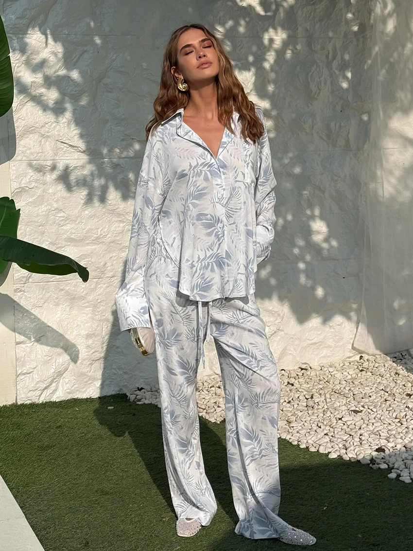 

Marthaqiqi Printing Female Sleepwear Set Long Sleeve Sexy Turn-Down Collar Nightgowns Pants Casual Women'S Pajamas 2 Piece Suit