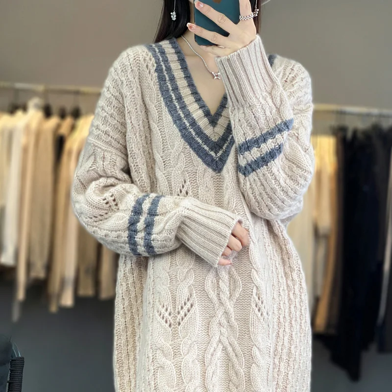 

Women's 100% Pure Wool V-Neck Pullover Dress Loose Cashmere Knee Length Sweater Soft Knit Top Oversized Sweater Autumn Winter Ne