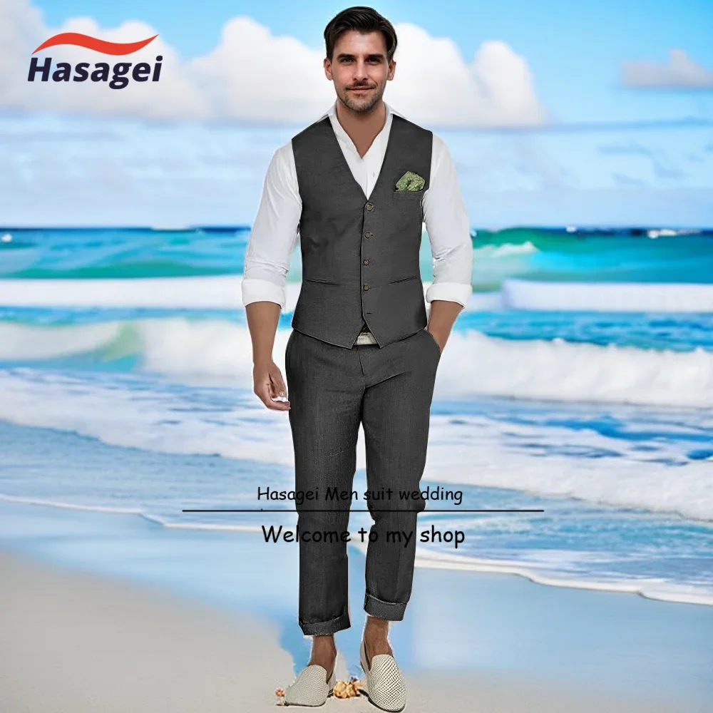 Men's Linen Suits 2 Pieces Slim Fit Suit Prom Tuxedos Beach Wedding Groomsman Vest & Pants Set Casual Summer Linen Outfit