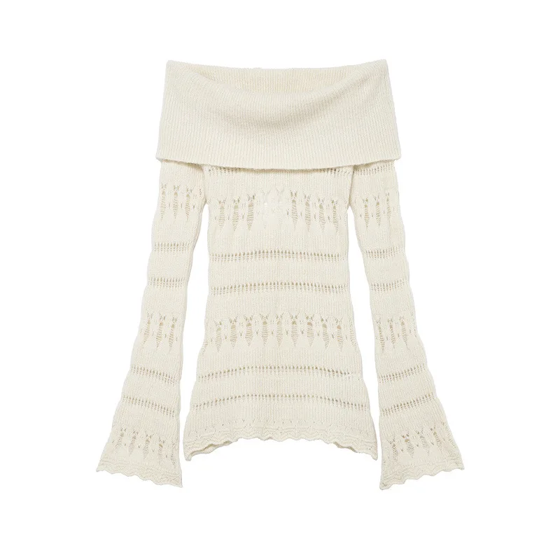 

2025 winter new French sweet and fashionable one-line collar long-sleeved hollow off-shoulder sweater