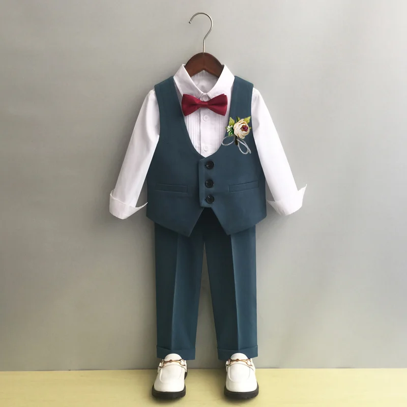 

Boys Double Breasted Dress Suit Set Autumn Winter Child Birthday Party Wedding Host Costumes Kids Blazer Pants Bowtie Clothes