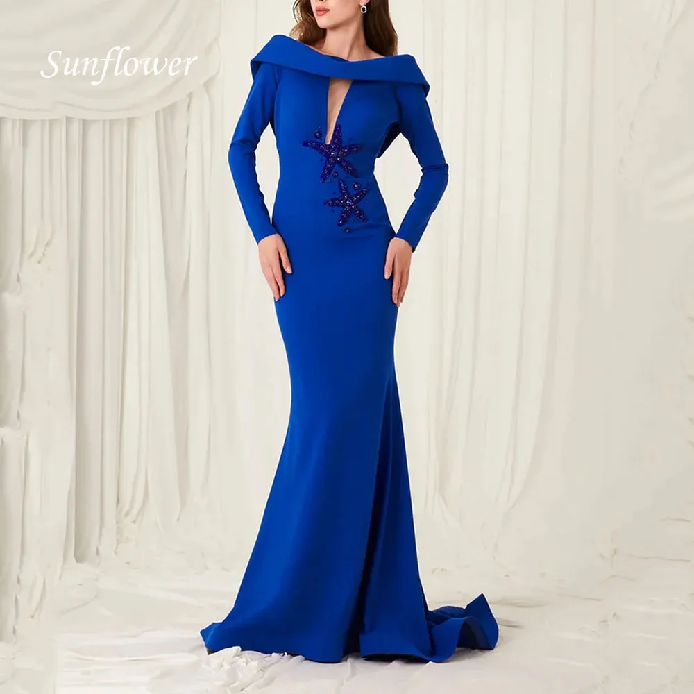 

Sunflower Blue Crepe Mermaid Evening Gowns Elegant Women's Long Sleeve Party Prom Dress Floor Length Formal Occasion Gown