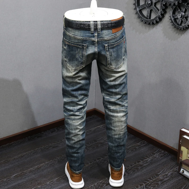 Italian Style Fashion Men Jeans High Quality Retro Washed Blue Stretch Slim Fit Ripped Jeans Men Vintage Designer Denim Pants
