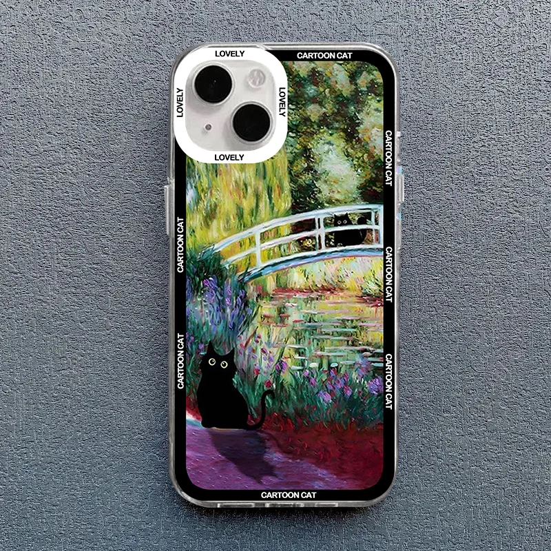 Retro Art Van Gogh Black Cat Phone Case For iPhone15 Pro 14 11 13 12 XS MAX X SE XR 7 8Plus Monet Oil Painting Clear Soft Cover