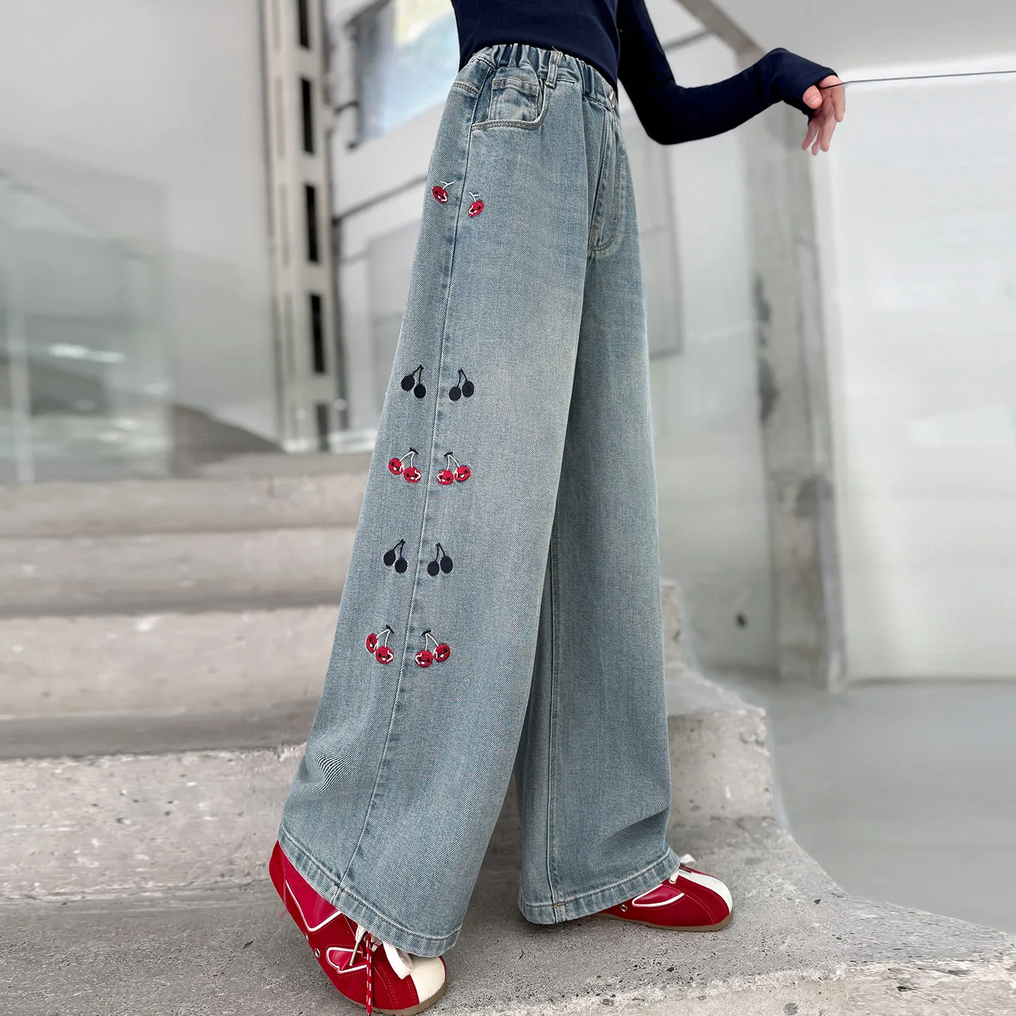 Spring Autumn Denim Pants Princess Kids Children Jeans Princess Cherry Patten Long Trousers Tween Kids Casual Pants Ages 4-14Y