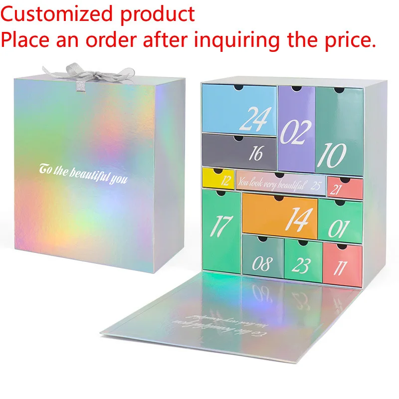 

2025.Luxury Silver Laser Double Side 25 Days Beauty Advent Calendar Box Packaging With Ribbon