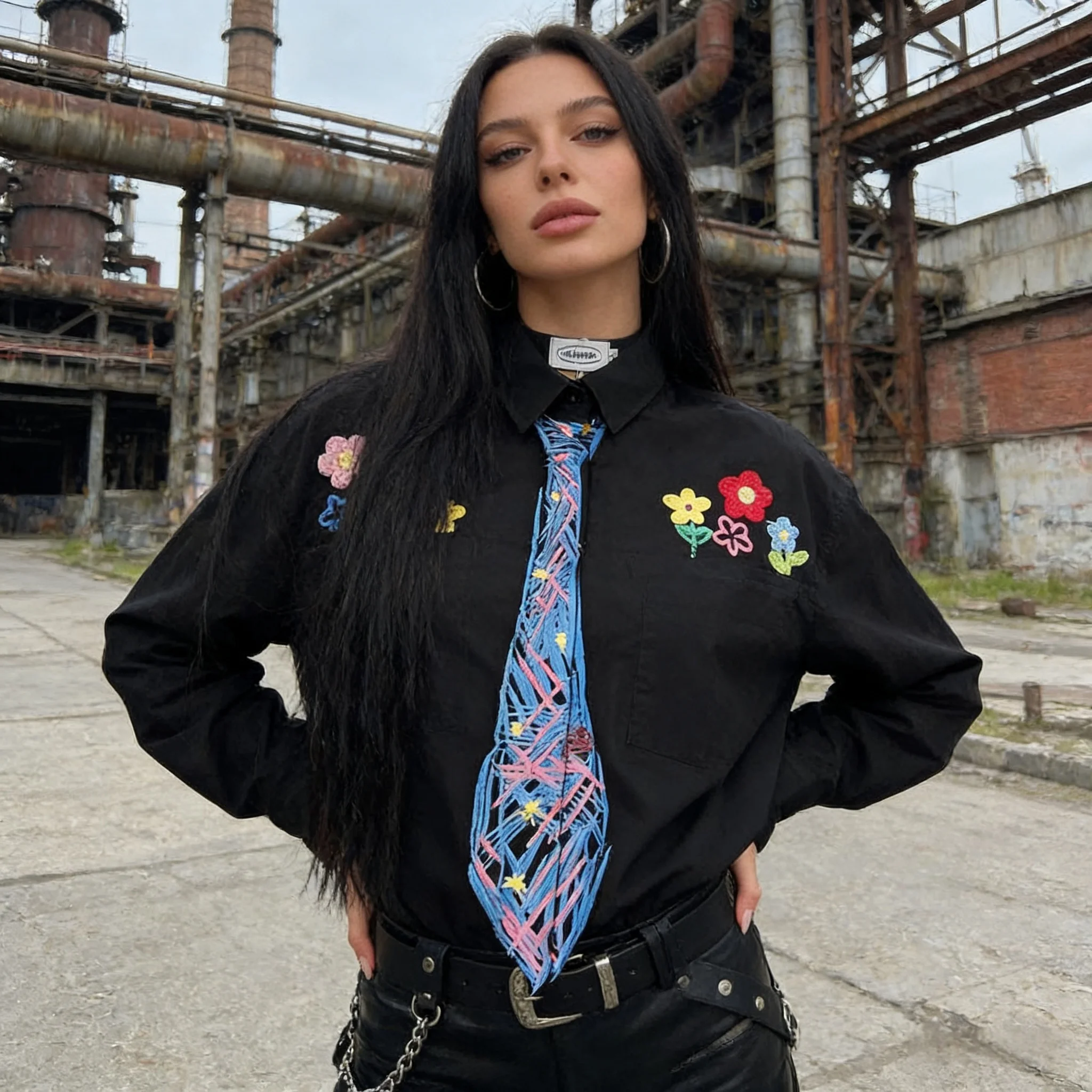 

Рубашка унисекс с длинным рукавом из хлопка в стиле японского ретро, с граффити-принтом цветов и имитацией галстука, в стиле хулиганской моды, Гонконгский стиль, 2026