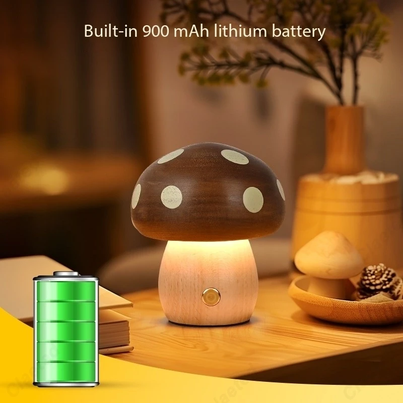Creative LED Solid Wood Mushroom Night Light Bedroom Bedside Atmosphere Lighting Children's Room Desk Lamp