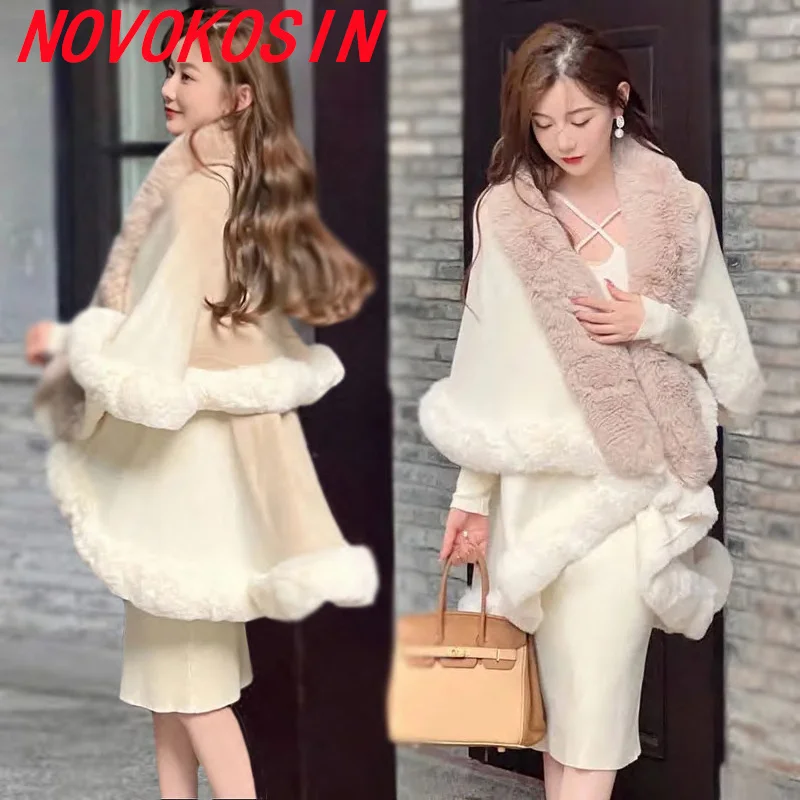 

Women Big Pendulum Loose Streetwear Coat Oversize Faux Rabbit Fur Collar Two Layered Cape Knitted Cardigan Gradient Shawl Jacket