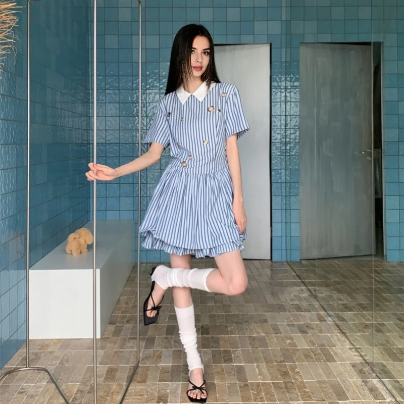 Mulheres listrado camisa vestidos luz estilo punk doce buraco azul rasgado manga curta mini vestido primavera verão roupas