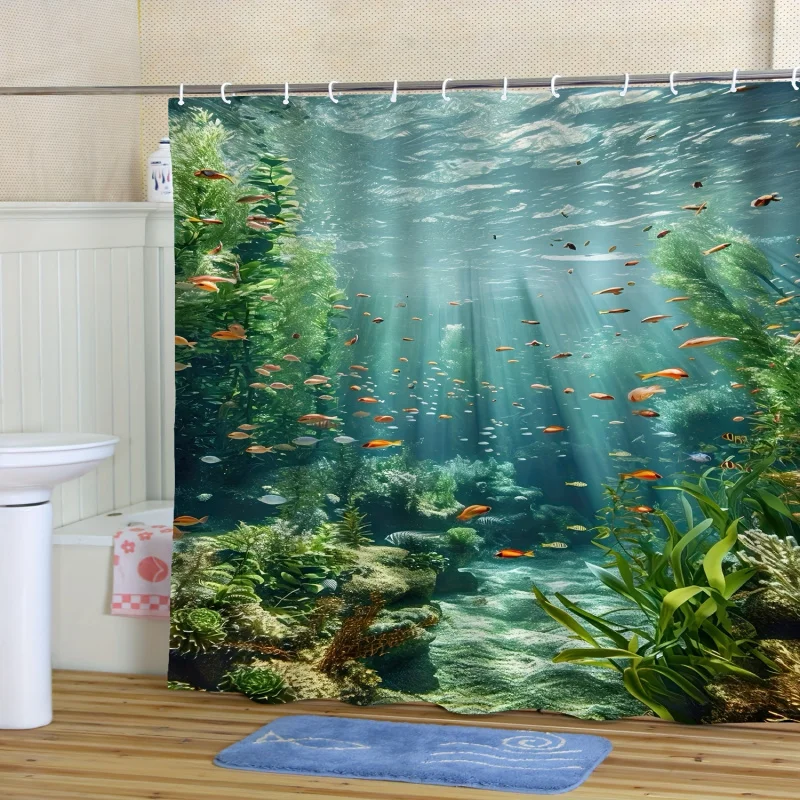 1pc Serene Blue Ocean Digital Print Shower Curtain - Waterproof, Machine Washable with Hooks Included - Modern Bathroom Decor