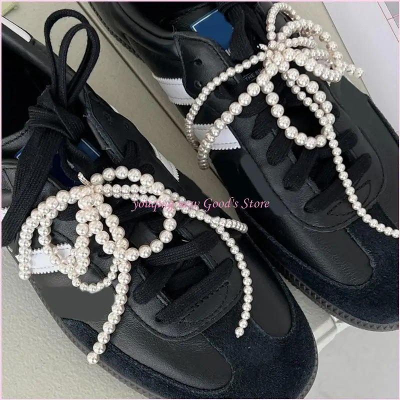 57QA 6Pcs Pearls Bowknot Charm Shoe Buckles Fashionable Footwear Adornments Beaded Butterfly Decoration for Shoelaces