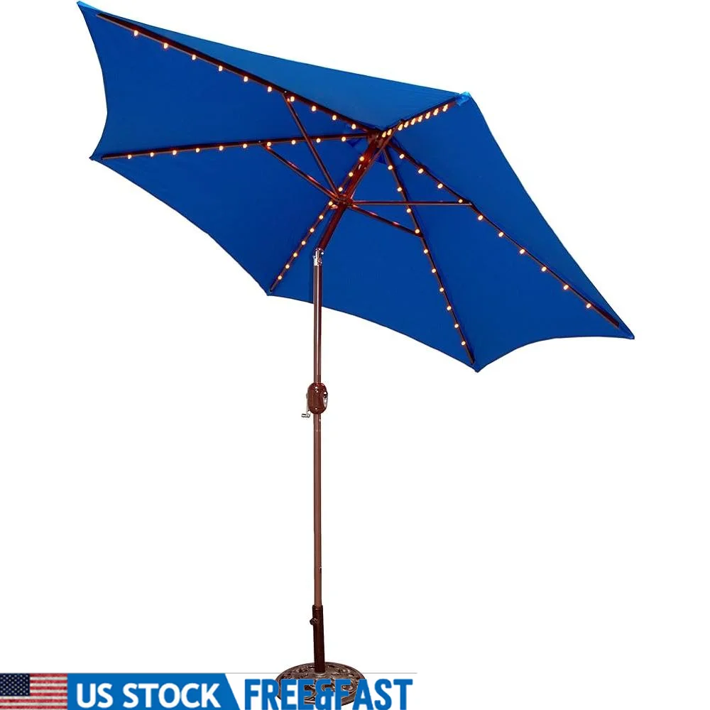 9ft Lighted Patio Umbrella Aluminum Frame LED Amber Lights Royal Blue Cover Adjustable Tilt Outdoor Party Wind Vent